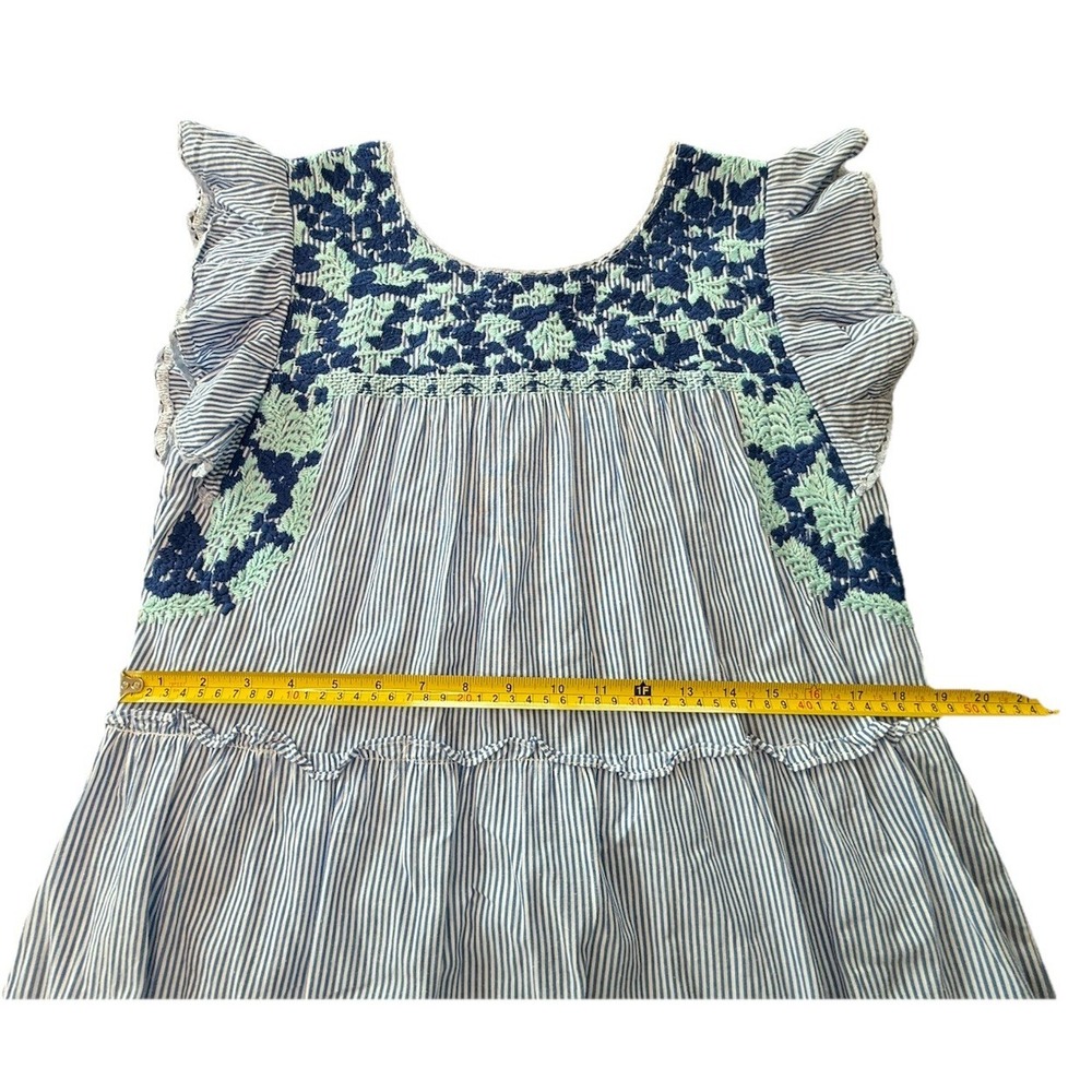 J Marie Kennedy Embroidered Tiered Dress Blue‎ Stripe Flutter Sleeve Boho M - Picture 7 of 9